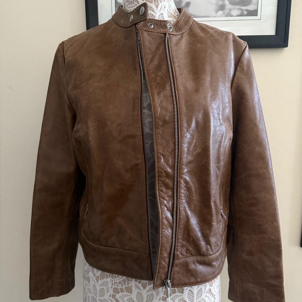 New Mango  women Jacket Brown 100% Leather Size Xl runs like L org $259